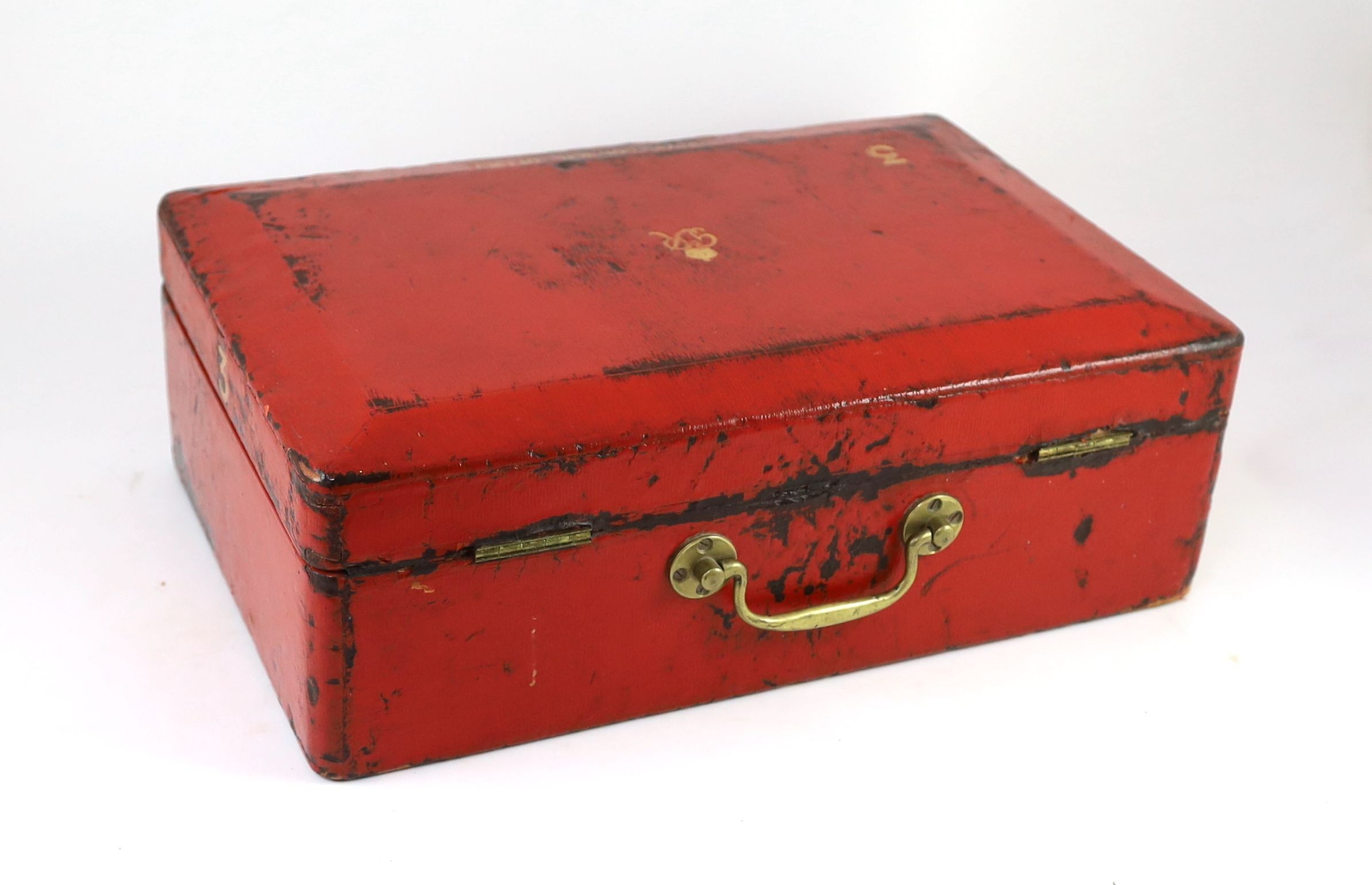 A George VI red morocco leather government despatch box, 46cm wide 31cm deep 15cm high